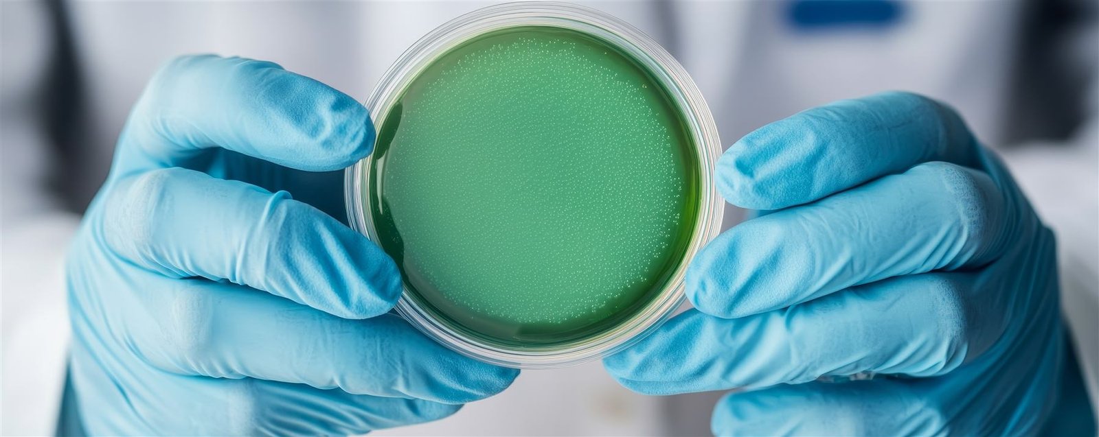 Manos con guantes de laboratorio sosteniendo una caja de Petri con cultivo microbiano verde